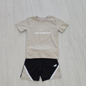 New Balance Beige Logo Tee and Black Athletic Shorts Set Boys Size 7